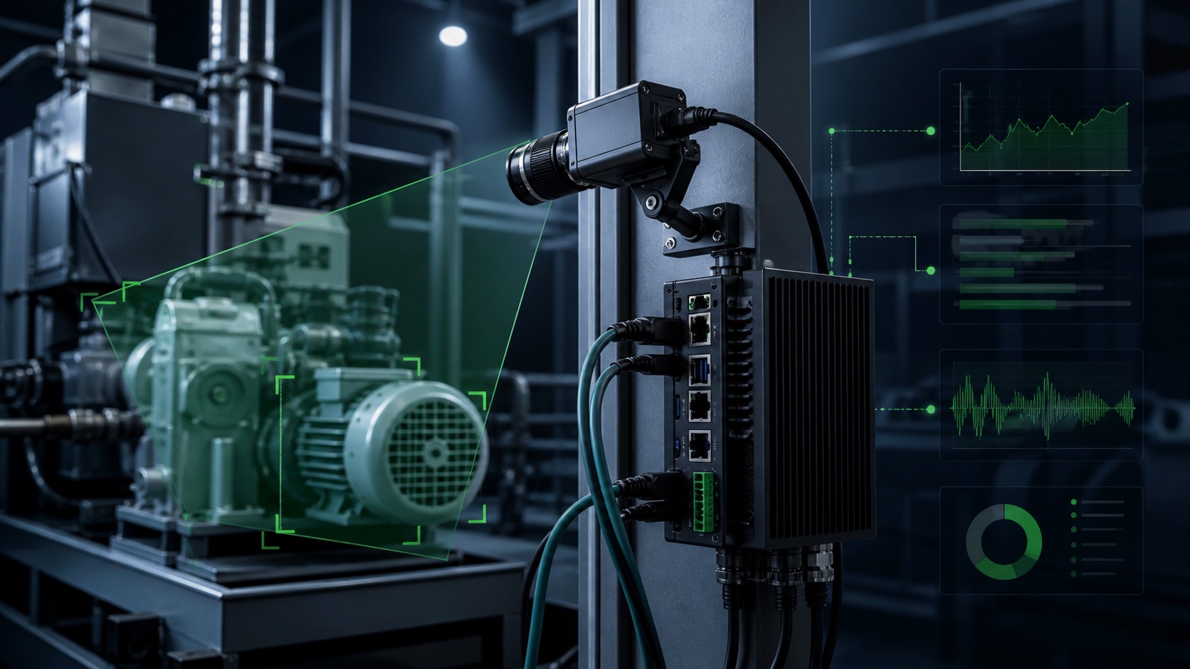 An industrial camera and edge computing unit monitoring machinery with visual intelligence