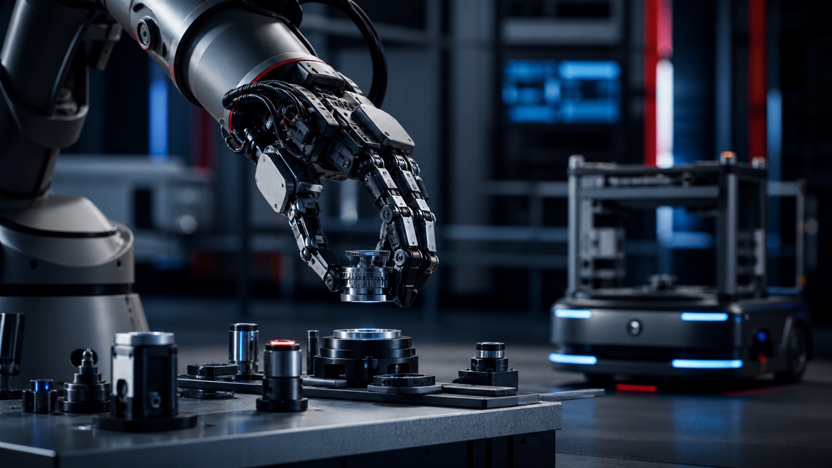 A robotic hand performing a precise manipulation task in an advanced engineering laboratory
