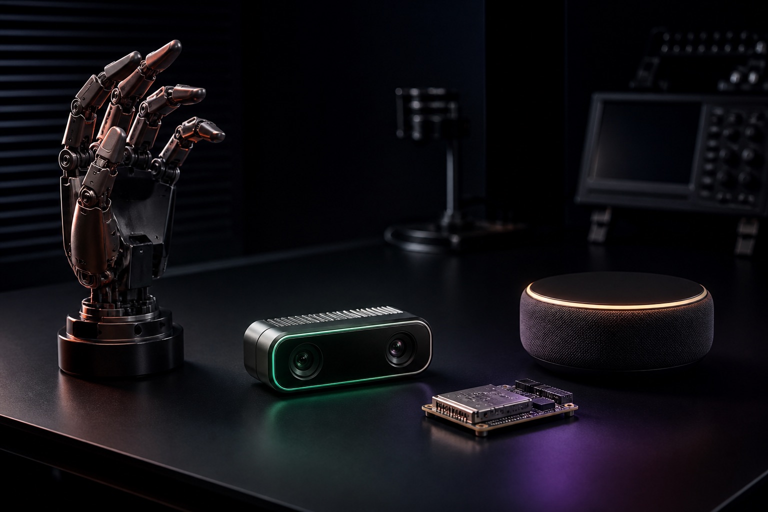 A robotic hand, edge vision camera, embedded AI module and intelligent consumer device in an engineering studio